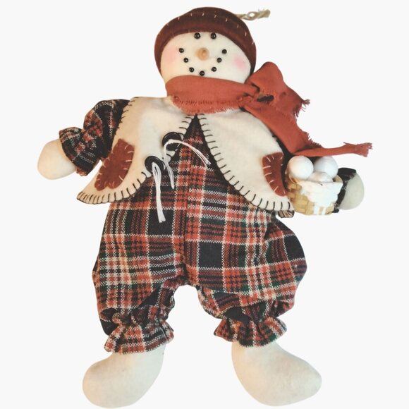Handcrafted Snowman Doll Snowball Basket Tartan Plaid Outfit Scarf - Picture 1 of 9